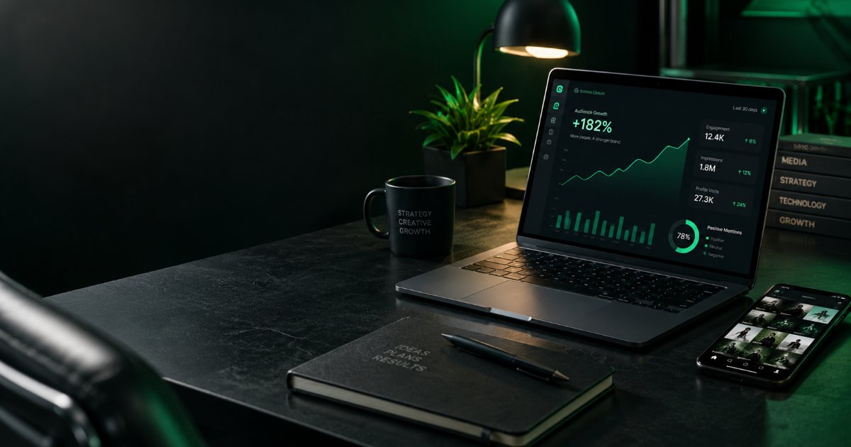 Yeşil ve siyah tonlarda modern bir ofis masasında, sosyal medya performans grafikleri açık bir dizüstü bilgisayar, yanında akıllı telefon, not defteri ve kahve kupası yer alıyor. Görsel, sosyal medya